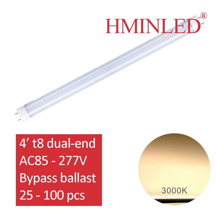 4' T8 LED Light Tube 22W (60W Equivalent) 3000K Medium Bi-Pin G13 Base Frosted Cover Fluorescent Replacement Double-End Powered Bypass Ballast