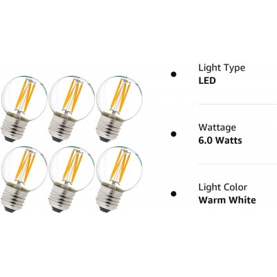 6 Pack E26 Edison LED Dimmable Bulbs G16.5 Light 6W Warm 2700K for Wall Sconce Fixture